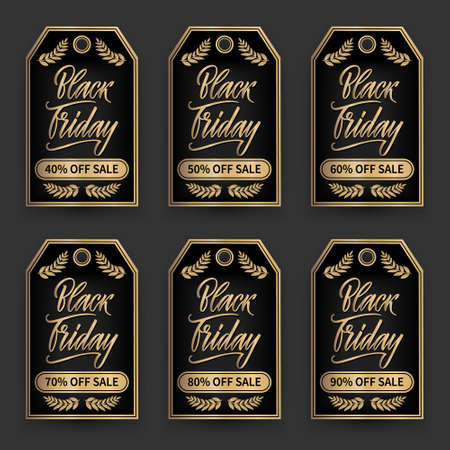 Set of clothing tags, labels for special prices on black friday discount sale. Hand drawn vector calligraphy.のイラスト素材