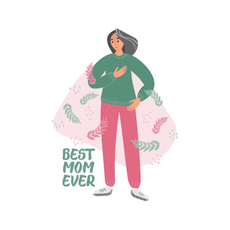 Happy mother's day lettering. Elderly mom with decorative leaves. Flat graphic illustration for greeting cards, covers, posters. Hand drawn vector calligraphy.のイラスト素材