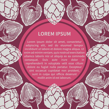 Vegan template with artichoke. Graphic ornament with stylized artichoke. Original packing food design.のイラスト素材