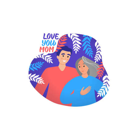 Young son hug her old mother with love. Happy mother's day concept. Flat graphic illustration for greeting cards, covers, posters.のイラスト素材