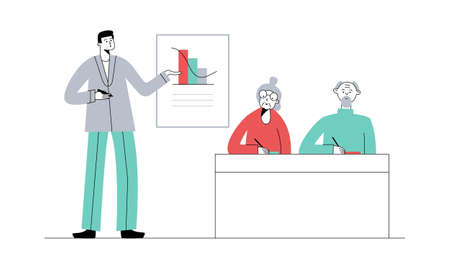 Senior education. Elderly people on lesson or courses in college or university. Teacher at blackboard explains the topic. Vector flat illustration.のイラスト素材
