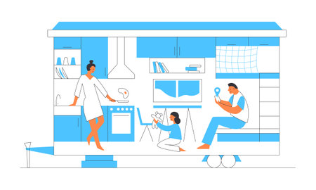 Tiny house with kitchen, bedroom, living room. Small home for family. Happy people in compact space concept. Vector flat hand drawn illustration. Design for web sites, cards, posters, advert.のイラスト素材