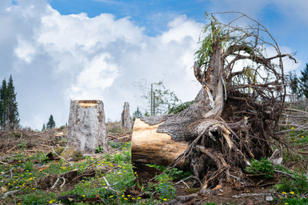 Damage caused by the VAIA storm in the Belluno Dolomites National Park, remains of broken logs, cloudy sky. Monte Avena, province of Belluno, Italyの写真素材