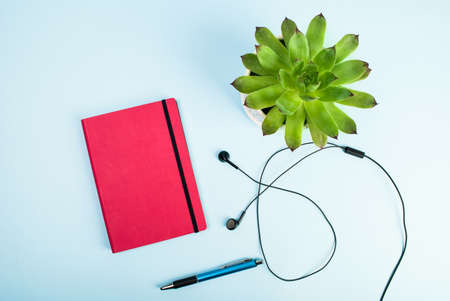 Blog concept photo. Green plant, red notebook, pen and headphones on blue backgroundの写真素材