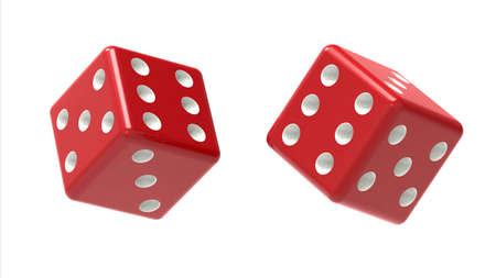 Two red dices rolls in the air isolated on white. 3D Renderingの写真素材