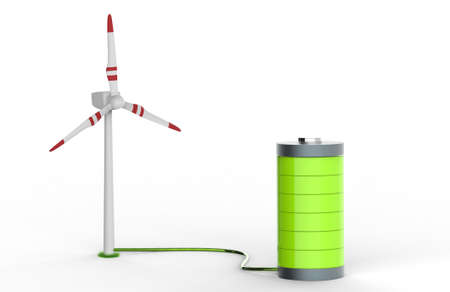 Green Battery charging on wind turbine. 3D illustrationの写真素材