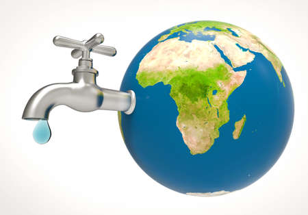 Water drop and faucet on planet earth. Save Water concept. 3d illustrationの写真素材