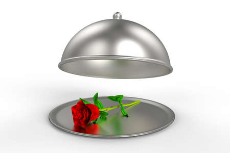 Restaurant Cloche with red rose on plate. 3d illustrationの写真素材