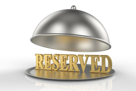 Restaurant Cloche with golden word Reserved. 3D illustrationの写真素材