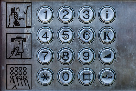Old telephone booth metal numbers and user manual. Close up, retro and vintage concept