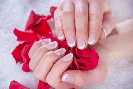 Girl with french nails polish manicure holding red rose petals in beauty salon. Beauty and Manicure...