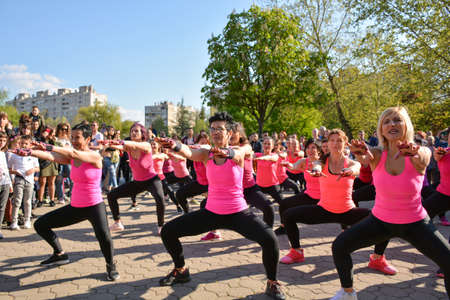 Nis, Serbia - April 20, 2019 Group of woman practicing Piloxing outside in park on sunny spring day on April 20, 2019 in park Sveti Sava, Nis, Serbia, Europeのeditorial素材
