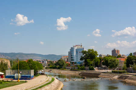 Nis, Serbia - August 28, 2019: Citiscape of river Nisava and a quay promenade on summer sunny day in the city of Nis, Serbiaのeditorial素材