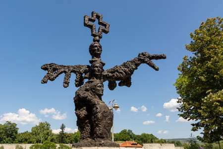 Nis, Serbia - August 28, 2019: Big monument dedicated to Constantine Great and Edict of Milan in park on summer sunny day in the city of Nis, Serbiaのeditorial素材