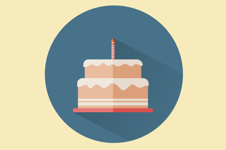 Flat birthday cake with one candle in a blue circle and isolated on background. Icon for birthday...
