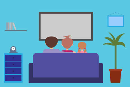 The family sits on the couch watching TV in the living room. Father, wife and daughter sit together at home and watch TV. Vector illustration of stay at home conceptのイラスト素材