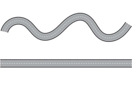 Straight and winding road lane. Seamless asphalt road template isolated on white background. Highway or roadway background. Vector illustration. Copy space for designのイラスト素材