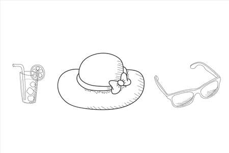 Very simple hand drawing summer icon set with hat, lemonade, and sunglasses isolated on white background. Summer concept vector illustration template for editing or designのイラスト素材
