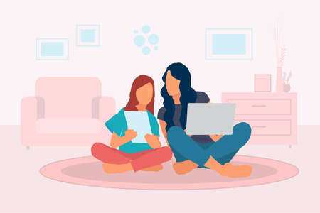 Mother and daughter with a laptop and digital tablet in hand sitting on the floor at home in the living room. The mother teaches her daughter the concept. Flat design vector illustrationのイラスト素材