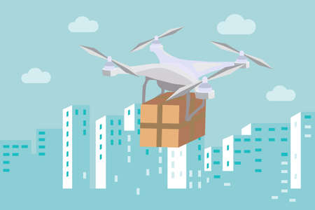 Delivery drone with the package box flying against the city background. Fast and convenient transportation and delivery service concept. Flat design style illustrationのイラスト素材