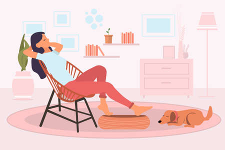 Young woman sitting and relaxing on a retro chair in her living room at home and cute dog sleeping on the floor next to a girl feet. Resting at home concept. illustration flat styleのイラスト素材