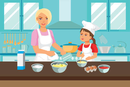 Mother and daughter cooking in the kitchen. Mom and child baking together. The woman is mixing cream and the girl mixes the dough with a spoon. Happy family. Flat style vector illustrationのイラスト素材