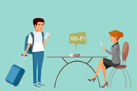 An elegant woman and a male tourist are holding phones in their hands next to a table in a restaurant. There is an internet router on the table. Flat design vector illustration. Copy space for textのイラスト素材