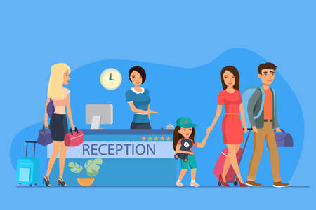 Happy family and tourist guests at the hotel reception. People with a traveling bag walking. Travelling and touristic concept. Copy space for design or text. Flat style vector illustrationのイラスト素材