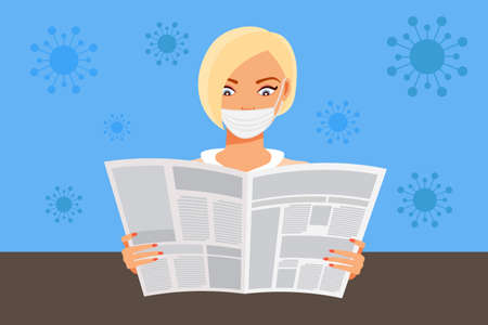 Girl reads a newspaper with news about the corona virus. Woman with protective mask on the face. Coronavirus epidemic concept. Blue background shape of virus. Flat style vector illustrationのイラスト素材