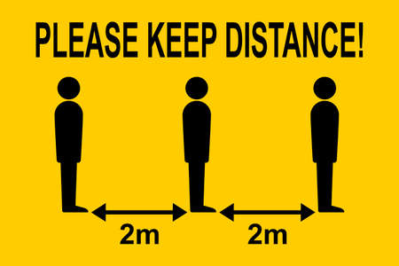 Social distancing sign with three simple people and arrow lines. Keep the 2-meter distance. Coronavirus epidemic protective concept. Copy space for design or text. Flat vector illustrationのイラスト素材