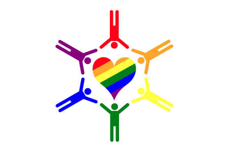 Simple colorful stickmen hold hands in a circle around the heart in the LGBT rainbow color. Pride and LGBT concept. Copy space for design or text. Flat vector illustrationのイラスト素材