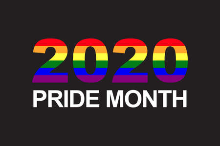 Numbers with rainbow LGBT flag color and text pride month in 2020 year isolated on black background. Pride, love, and LGBT concept. Copy space for design or text. Flat vector illustrationのイラスト素材