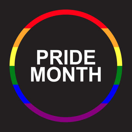 Circle colored in rainbow color and text pride month inside in circle isolated on black background. Pride, love, and LGBT concept. Copy space for design or text. Flat vector illustrationのイラスト素材