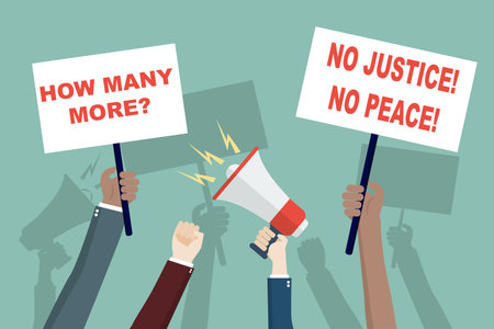 Protesters hands holding placards with the words and megaphone. Black and caucasian people hand waving with banners with words no peace, no justice, and how many more text. Flat vector illustrationのイラスト素材