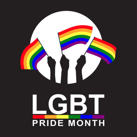 Hands with rainbow flags waving in circle and text LGBT pride month isolated on black background. Copy space for design or text. LGBT and pride month celebration concept. Flat vector illustrationのイラスト素材