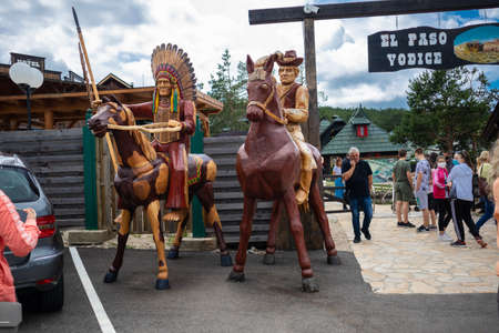 Zlatibor, Vodice, Serbia - July 26. 2020 entrance to the city of El Paso in wild west style and cowboy style. Western thematic park and travel conceptのeditorial素材