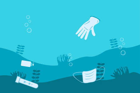Underwater trash after pandemic coronavirus Covid-19. Protective gloves, plastic bottle sanitizer, test flask and medical surgical mask. Environmental ecology rubbish concept. Vector illustrationのイラスト素材