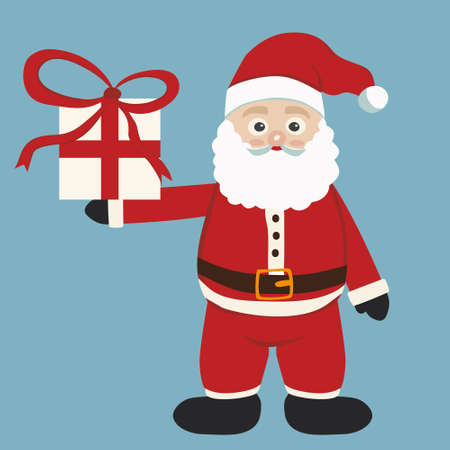 Cute Santa Claus with a present box with a red ribbon in his hand isolated on blue background. Christmas and New Year concept. Flat styles vector illustrationのイラスト素材