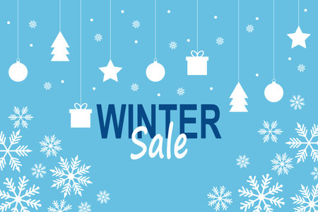 Beautiful winter template with decorations and text isolated on blue background. Winter sale background concept. Flat design vector illustration