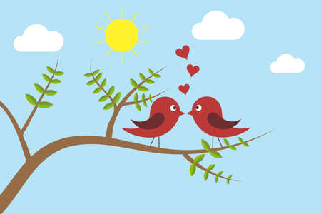 Two cute birds in love and kissing on branches on a sunny summer day. Love and summer weather concept. Flat retro style vector illustrationのイラスト素材