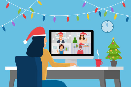 Video conference with people group on computer at home, meeting online. Friends talking on video and celebrating Christmas. New normal and covid-19 concept. Flat design vector illustrationのイラスト素材