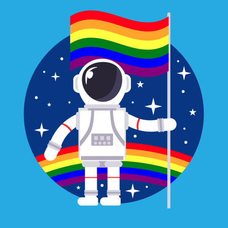Astronaut holding a gay flag in front of rainbow and space in the background. LGBT and homosexuality concept template. Copy space for design. Flat style design vectorのイラスト素材