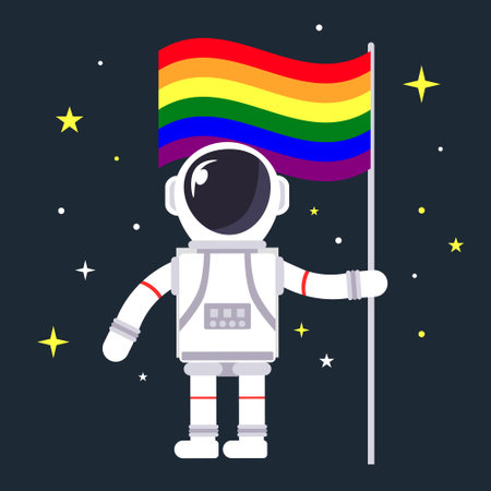 Astronaut holding a big flag in hand on dark background with stars.のイラスト素材