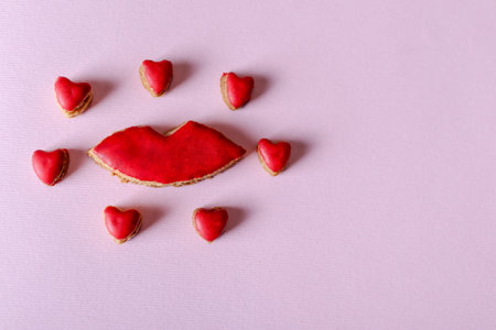 Cookies in the shape of the lips and small hearts around isolated on purple background with copy...