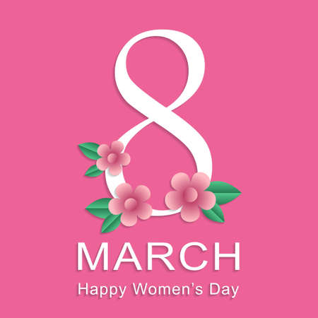 8 March international womens day holiday greeting card template. Number eight decorated with flowers and text isolated on pink backgroundのイラスト素材