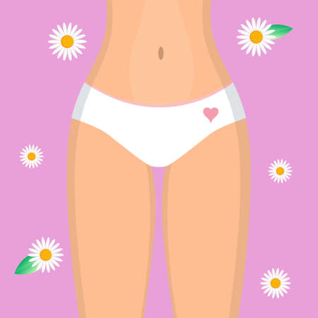 Fit woman in lingerie with perfect stomach and waist isolated on purple background with decorative daisy flowers. Close up vector illustrationのイラスト素材