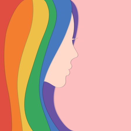 Abstract woman head in silhouette with hairstyle colored in rainbow color. Flat style vector illustration with copy space for design or textのイラスト素材