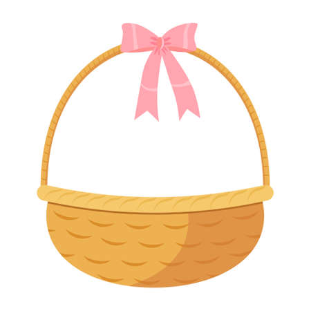 Retro empty wicker basket with pink ribbon isolated on white background. Flat style design vector illustrationのイラスト素材