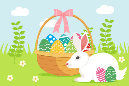 Wicker basket with Easter colorful eggs and white rabbit in the grass on a sunny spring day. Flat style design vector illustrationのイラスト素材