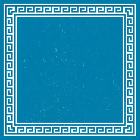 Greek style square frame with ornament and gunge blue background. Copy space for design or text. Vector illustrationのイラスト素材